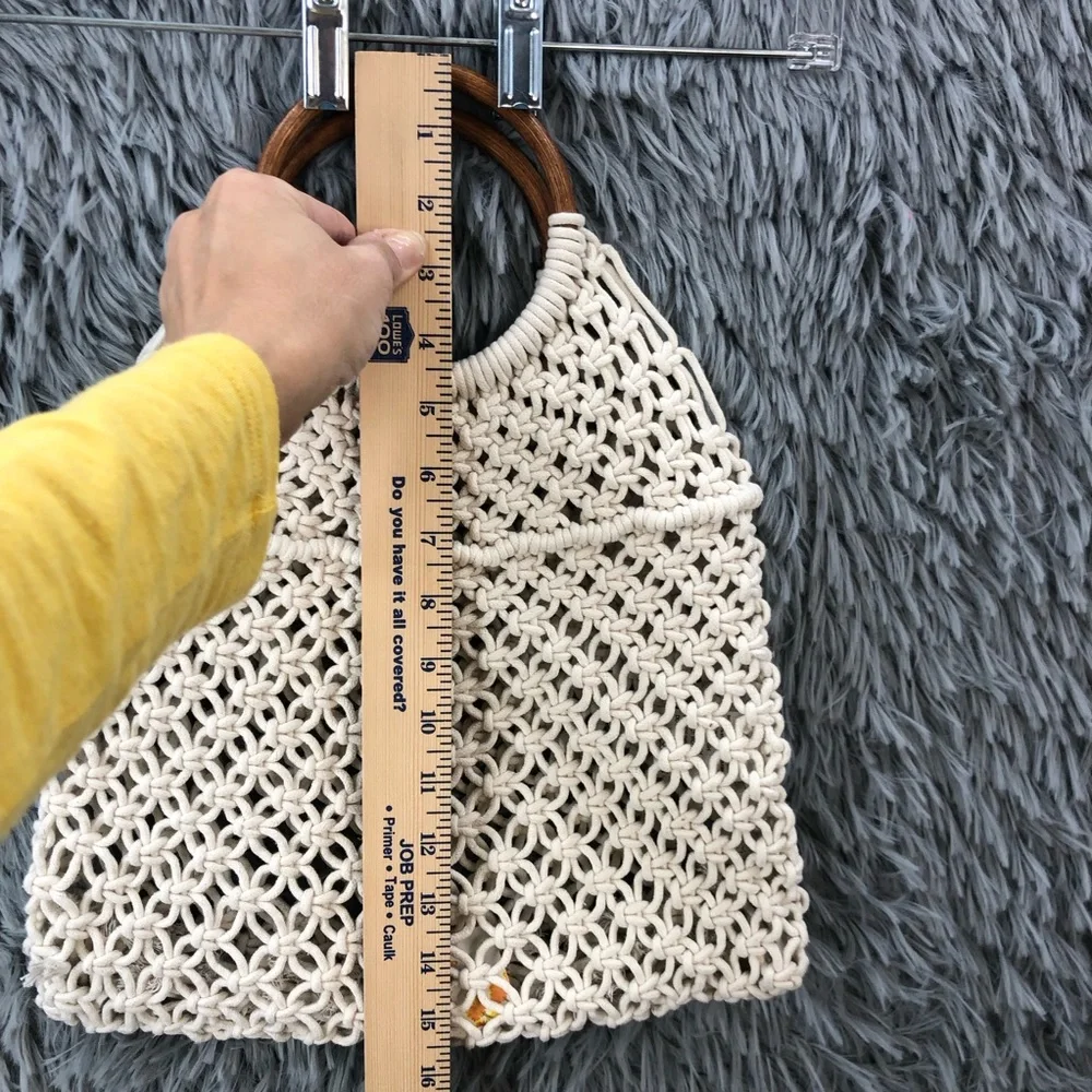 Crossi Purse Beige Boho Wood Double Handle Macrame Hand Bag
